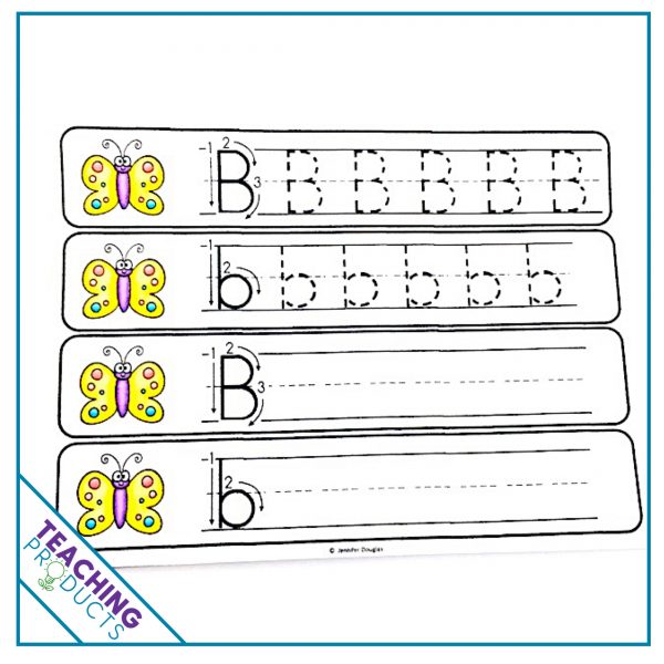 Alphabet write and wipe strips for letter writing practice