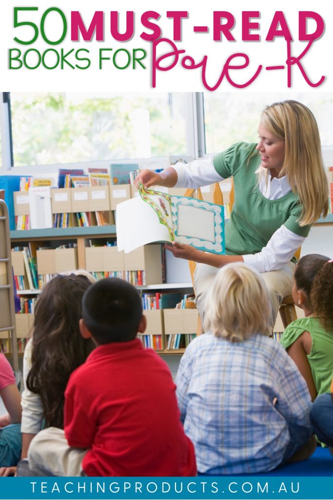 Pinnable image of teacher reading book to young children 50 must read books for pre-k